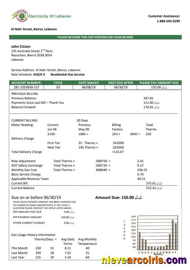 Lebanon Electricity of Lebanon utility bill